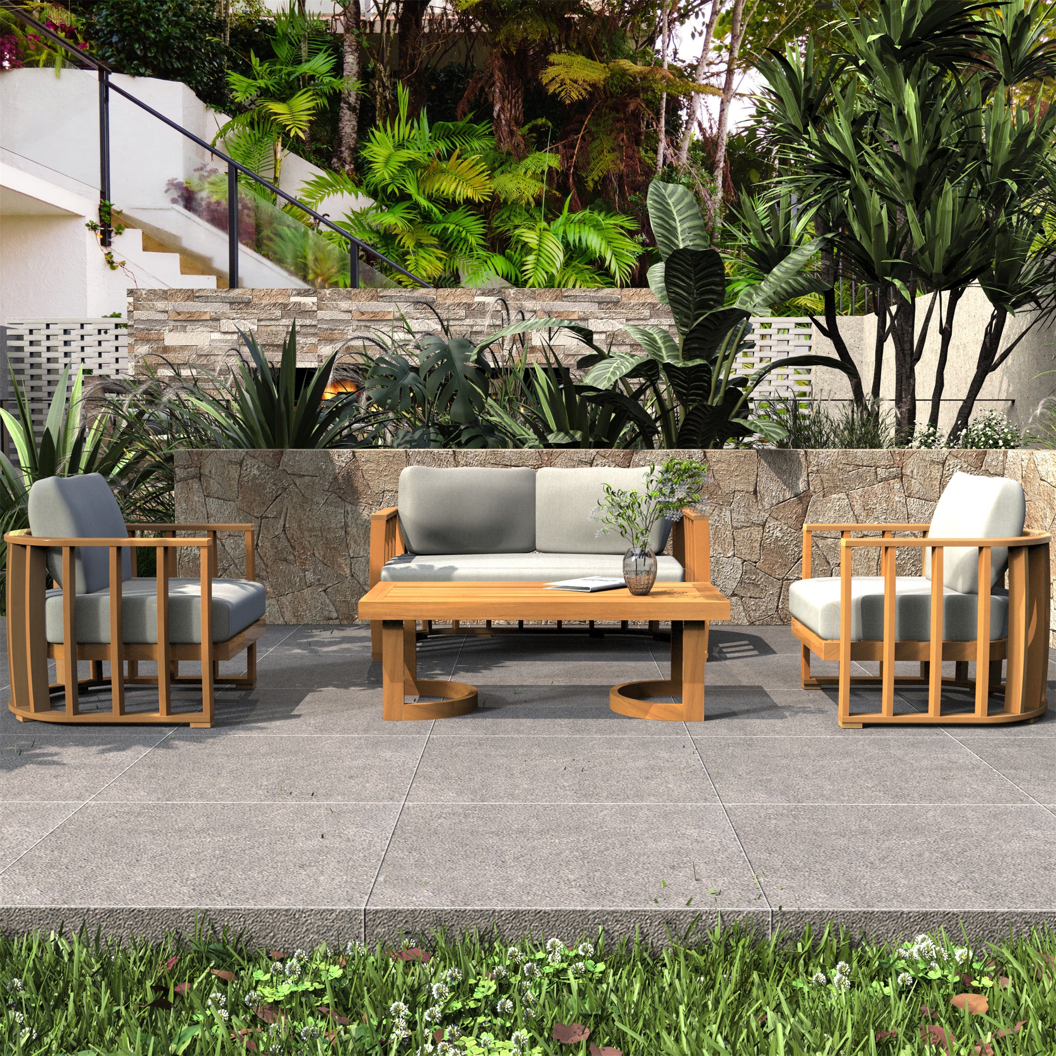 Rebel 4-Seat Wood Patio Conversation Set (PAS-2521-2SC+SC*2+TA)