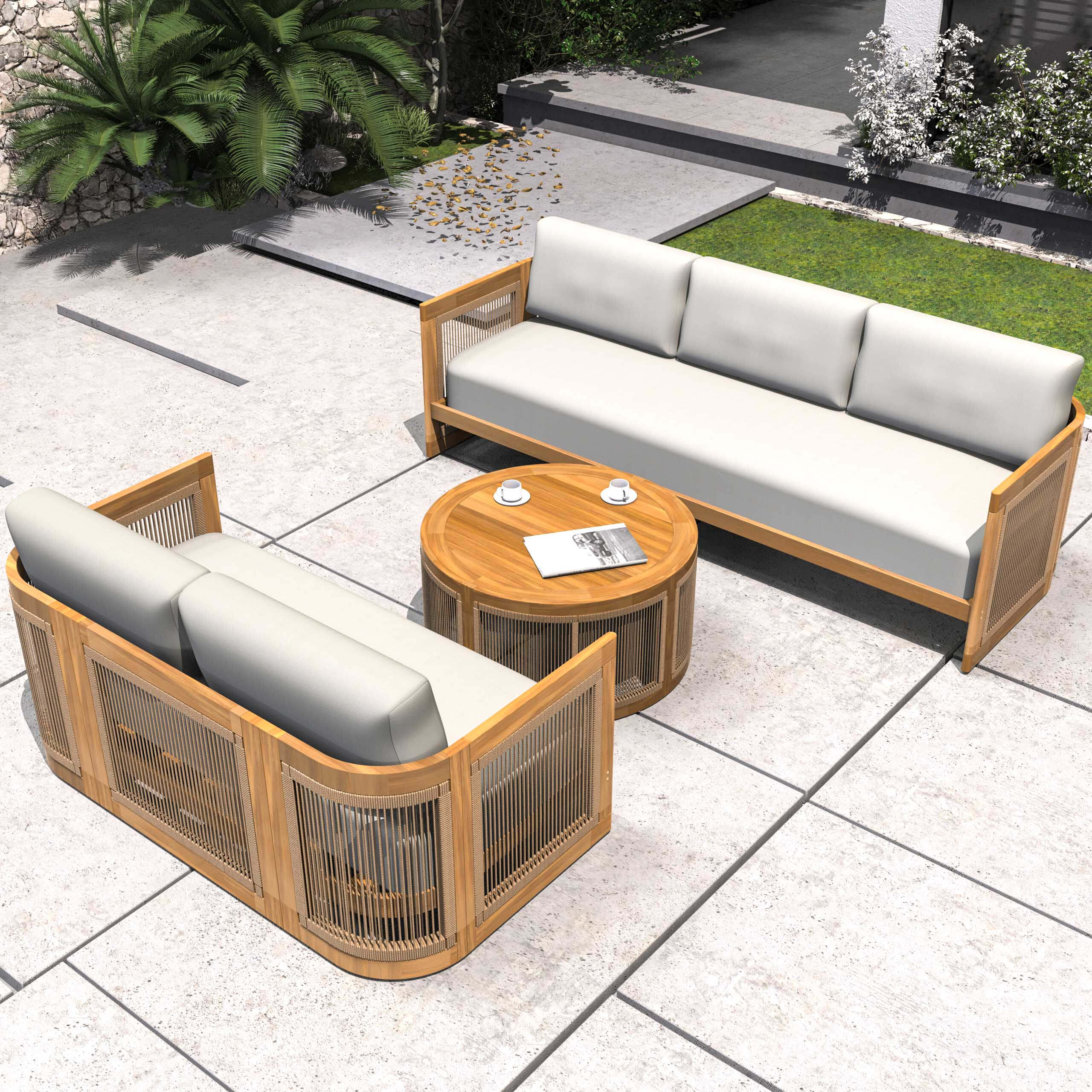 Solid Acacia 5-Seat Sofa Set with Round Coffee Table (PAS-2515-3SS+2SS+RTA)