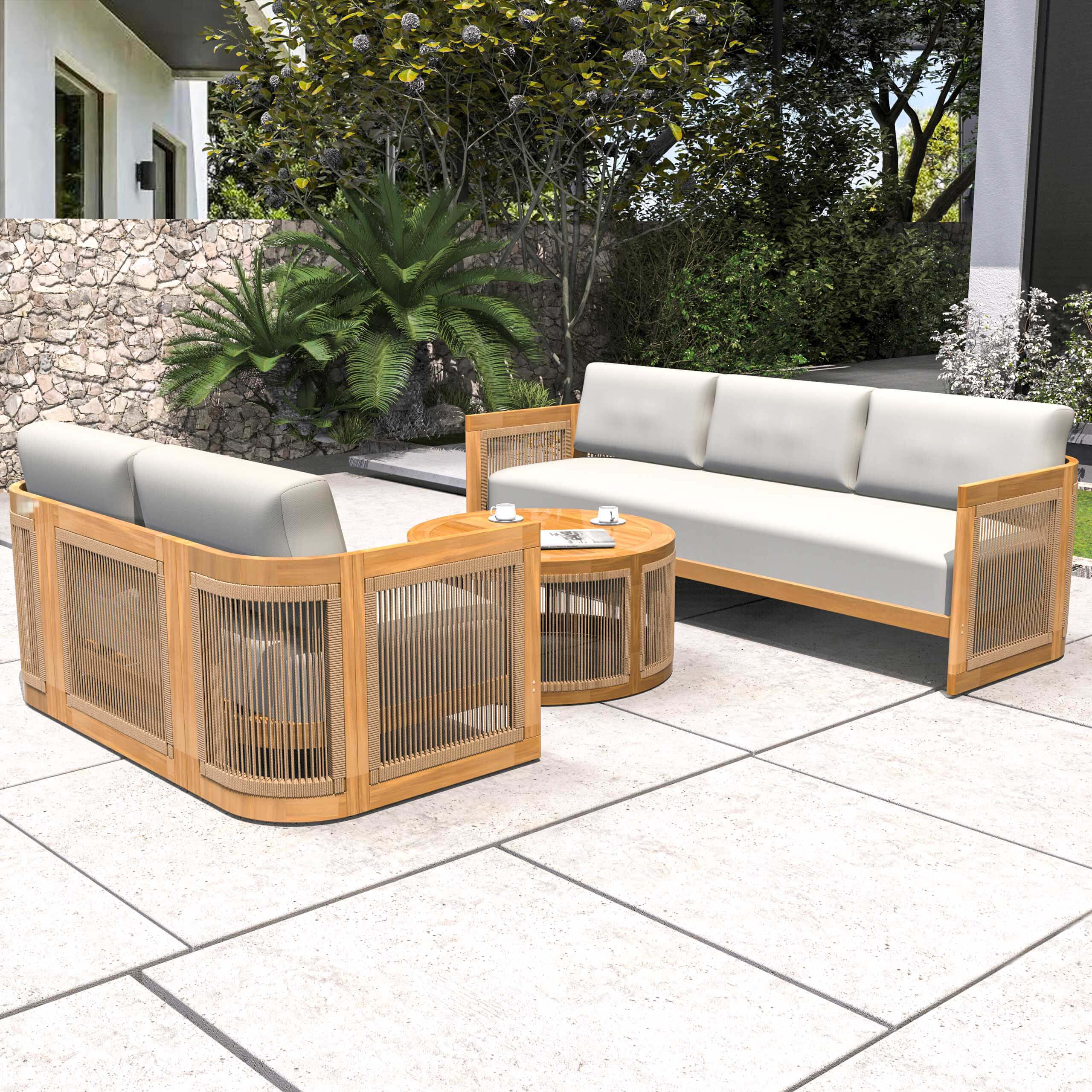 Solid Acacia 5-Seat Sofa Set with Round Coffee Table (PAS-2515-3SS+2SS+RTA)