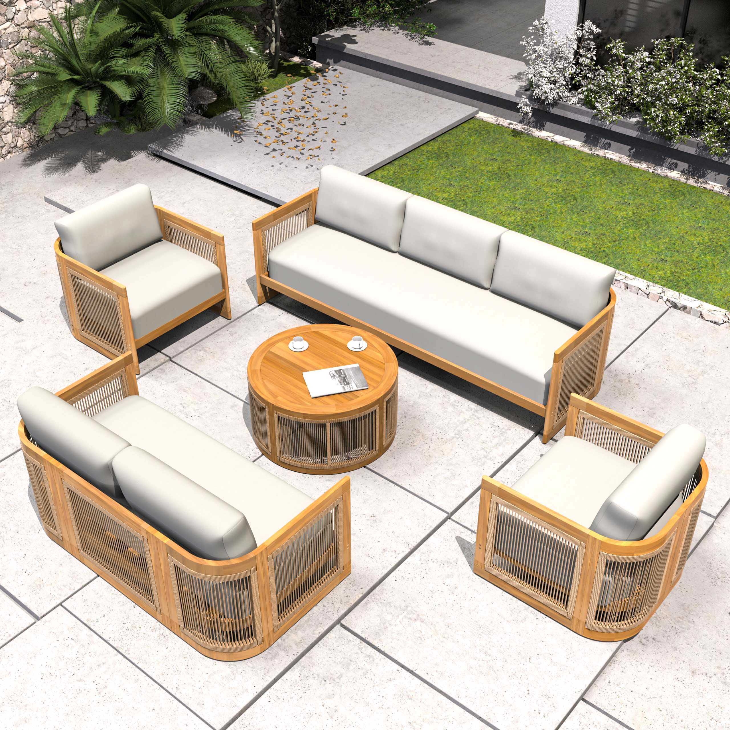 Solid Acacia 7-Seat Sofa Set with Round Coffee Table (PAS-2515-3SS+2SS+SSx2+RTA)