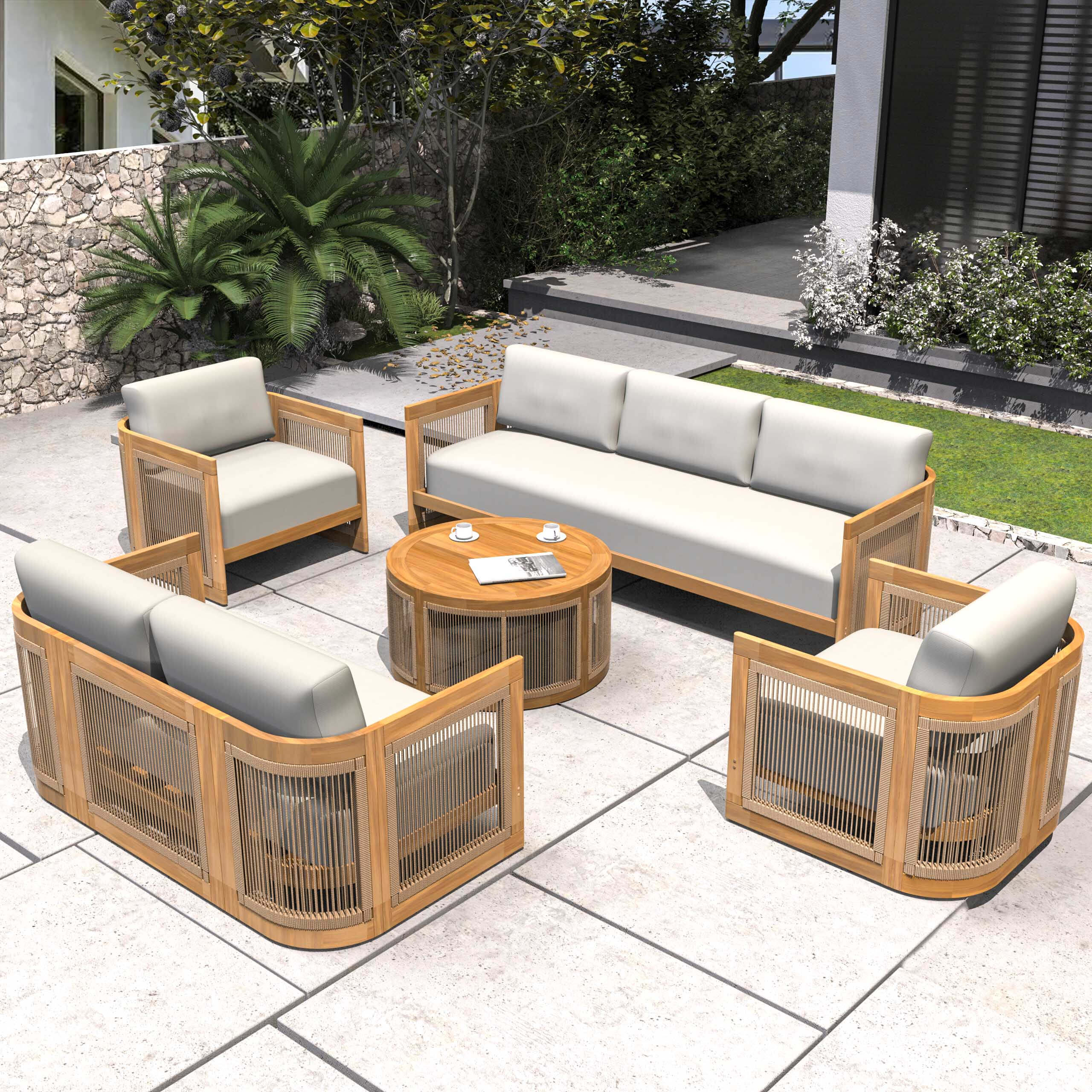 Solid Acacia 7-Seat Sofa Set with Round Coffee Table (PAS-2515-3SS+2SS+SSx2+RTA)