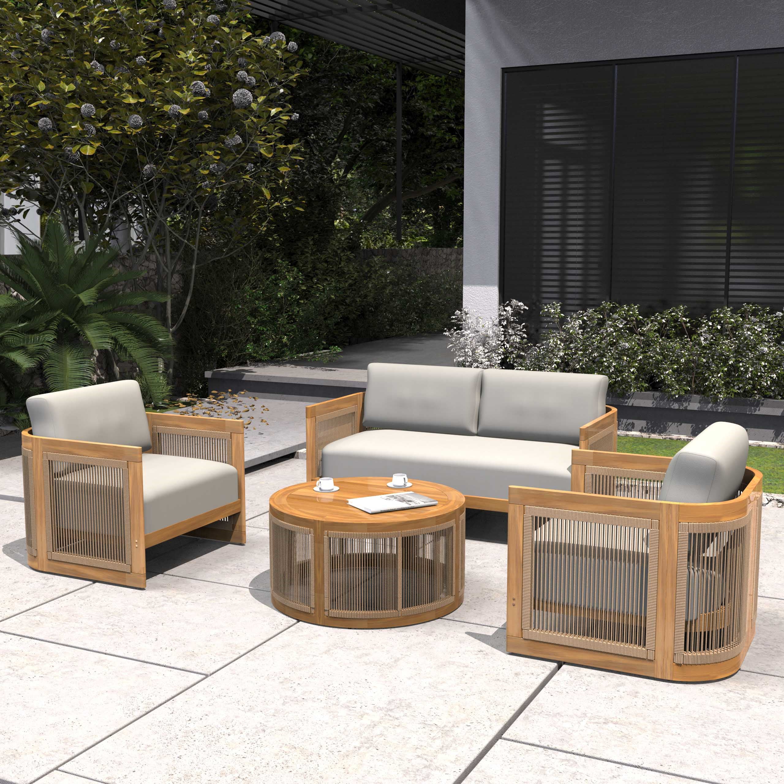 Solid Acacia 4-Seat Sofa Set with Round Coffee Table (PAS-2515-2SS+SSx2+RTA)