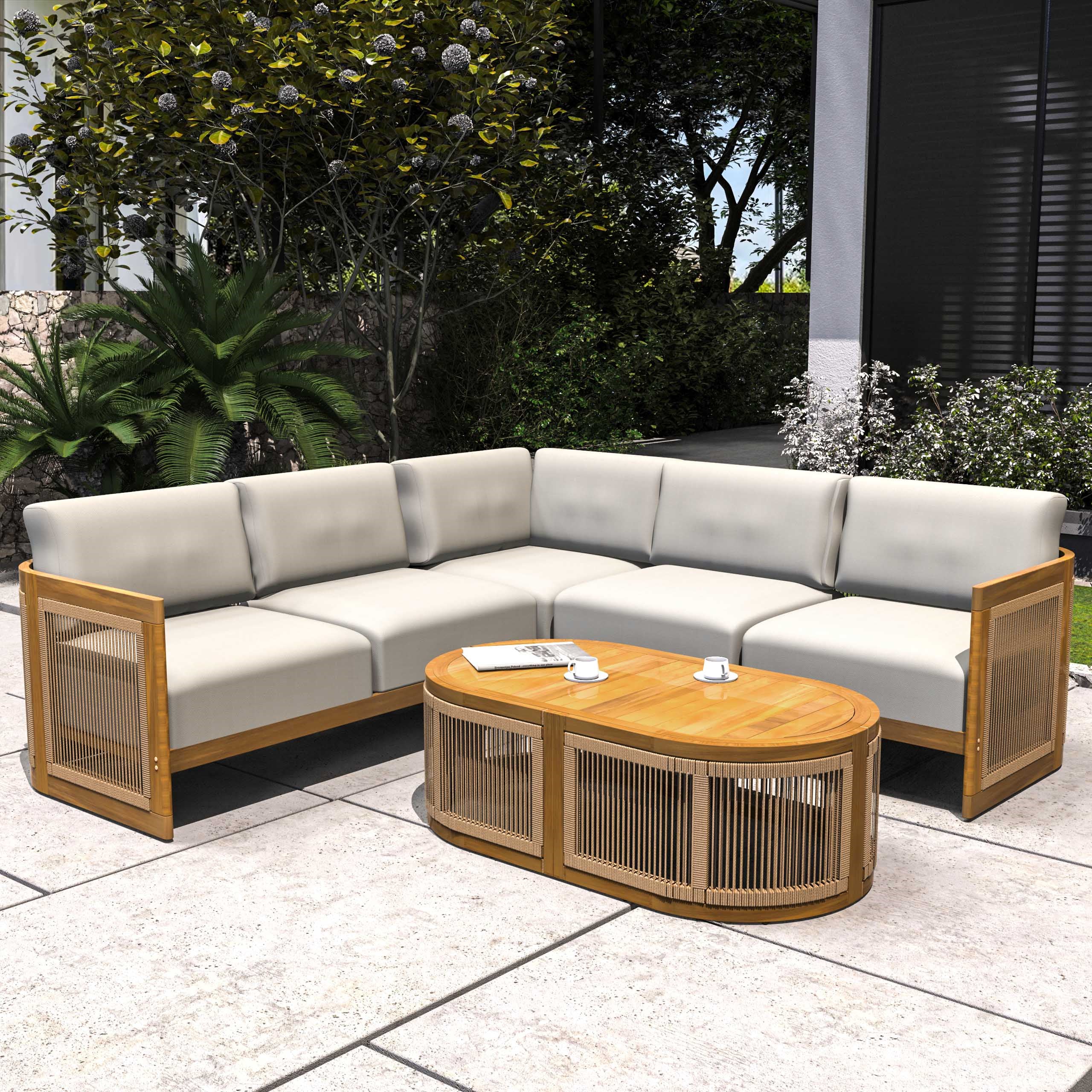 Solid Acacia 3-Seat Modular Sofa Set with Oval Coffee Table (PAS-2516-LS+CS+RS+OTA)