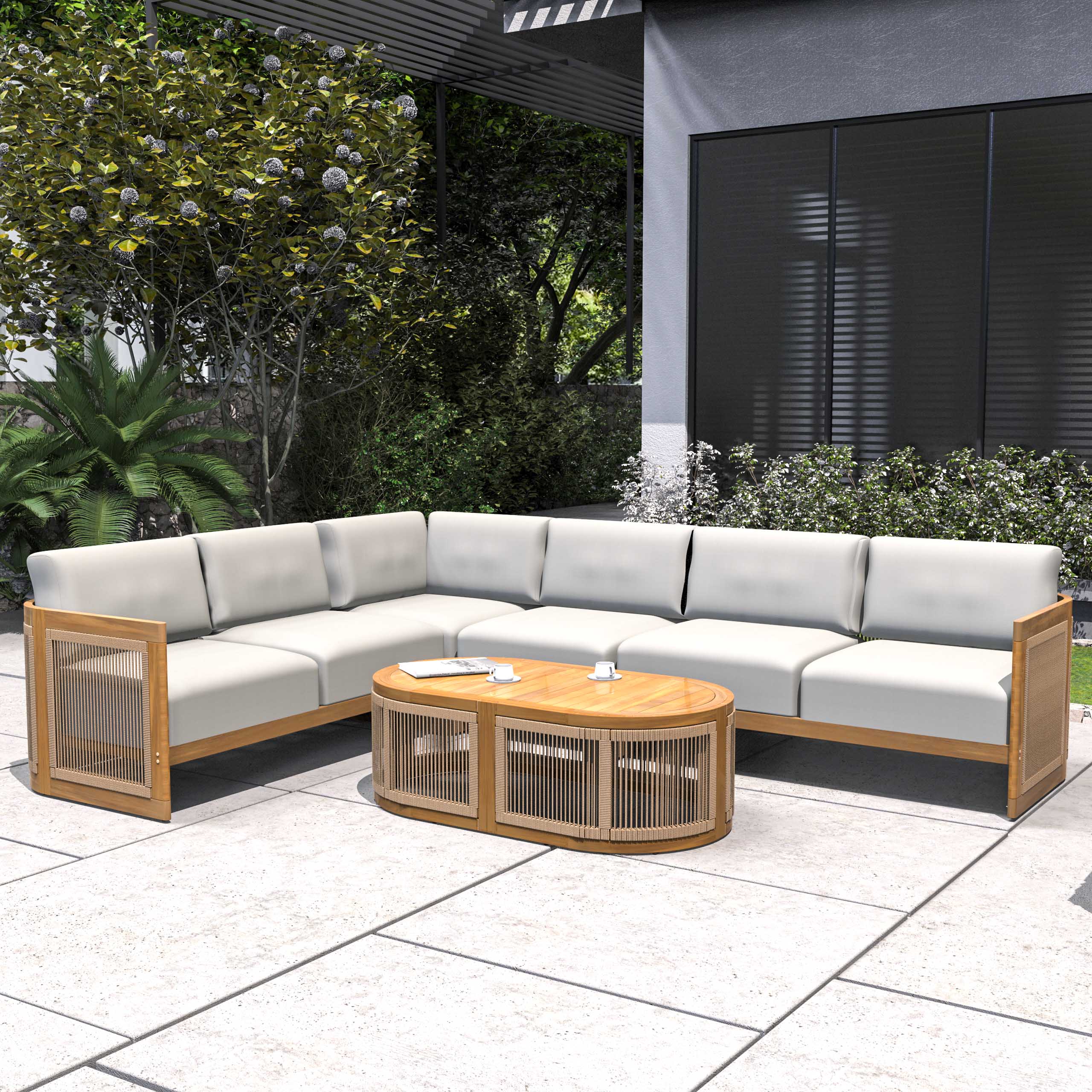 Solid Acacia Modular Sofa Set with Cushions – 5-Piece Lounge Configuration (PAS-2516-LS+CS+MS+RS+OTA)