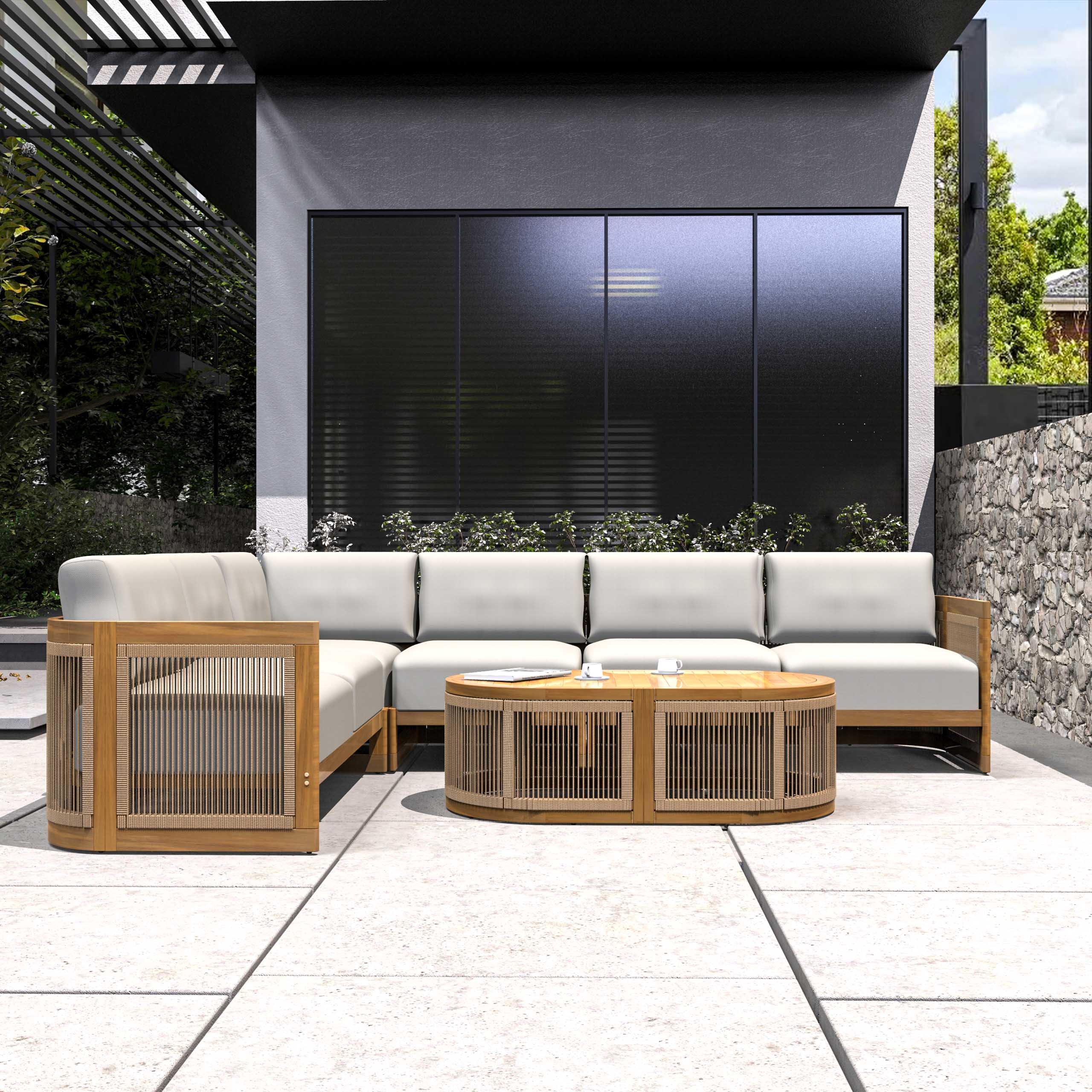 L-Shape 5-Seat Solid Acacia Modular Sofa Set with Cushions –  Lounge Configuration (PAS-2516-LS+CS+MS+RS+OTA)