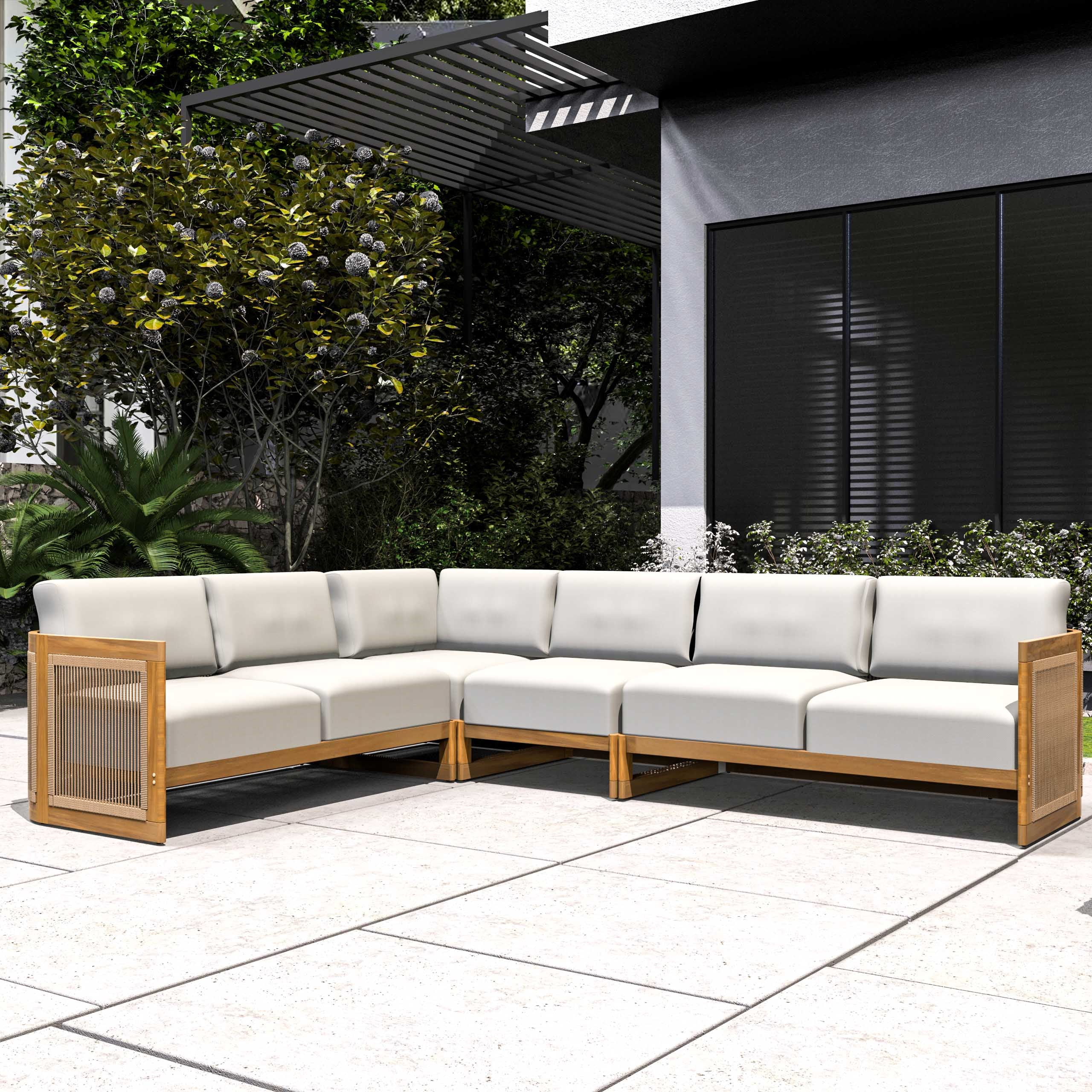 L-Shape 5 seat Solid Acacia Modular Sofa Set with Cushions – Lounge Configuration (PAS-2516-LS+CS+MS+RS)