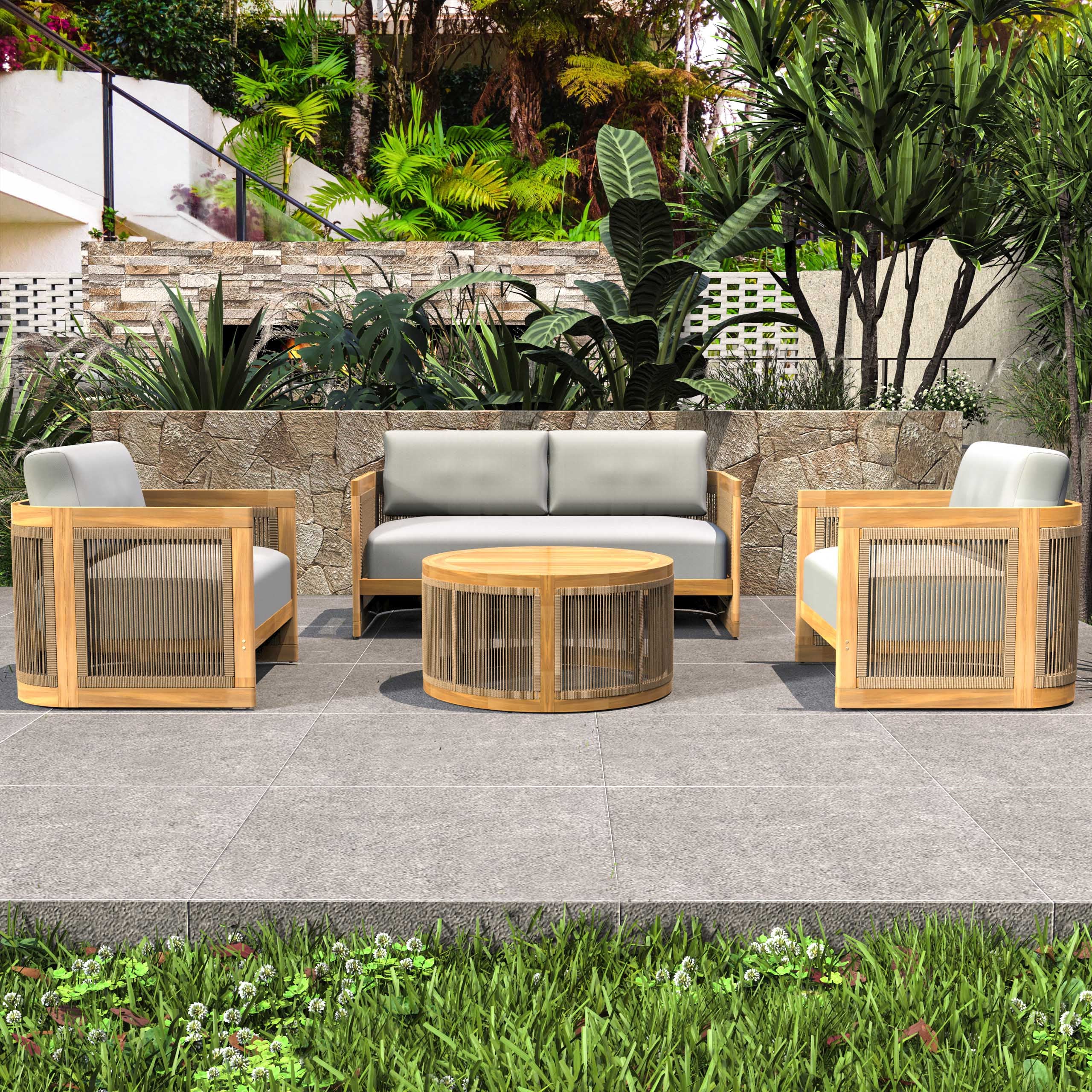 Solid Acacia 4-Seat Sofa Set with Round Coffee Table (PAS-2515-2SS+SSx2+RTA)