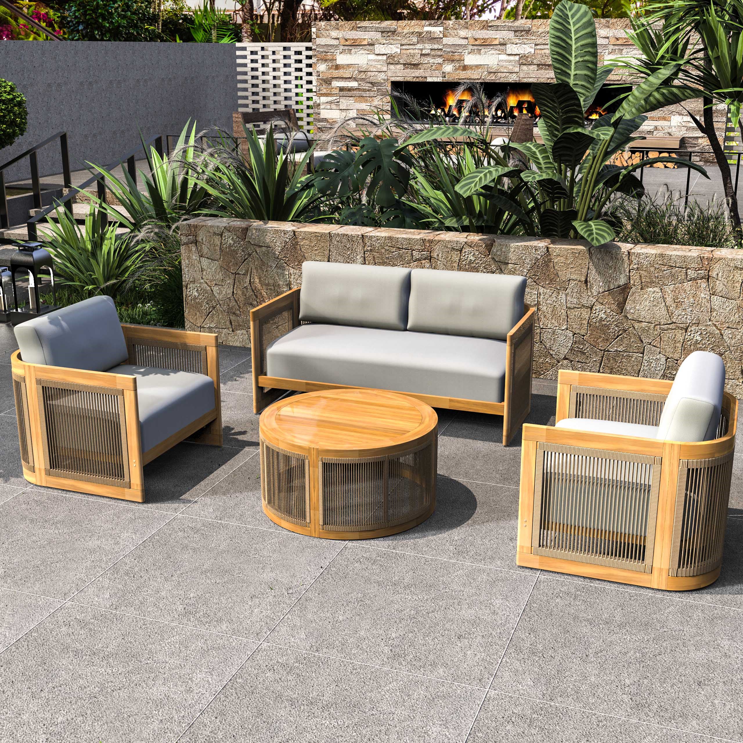 Solid Acacia 4-Seat Sofa Set with Round Coffee Table (PAS-2515-2SS+SSx2+RTA)