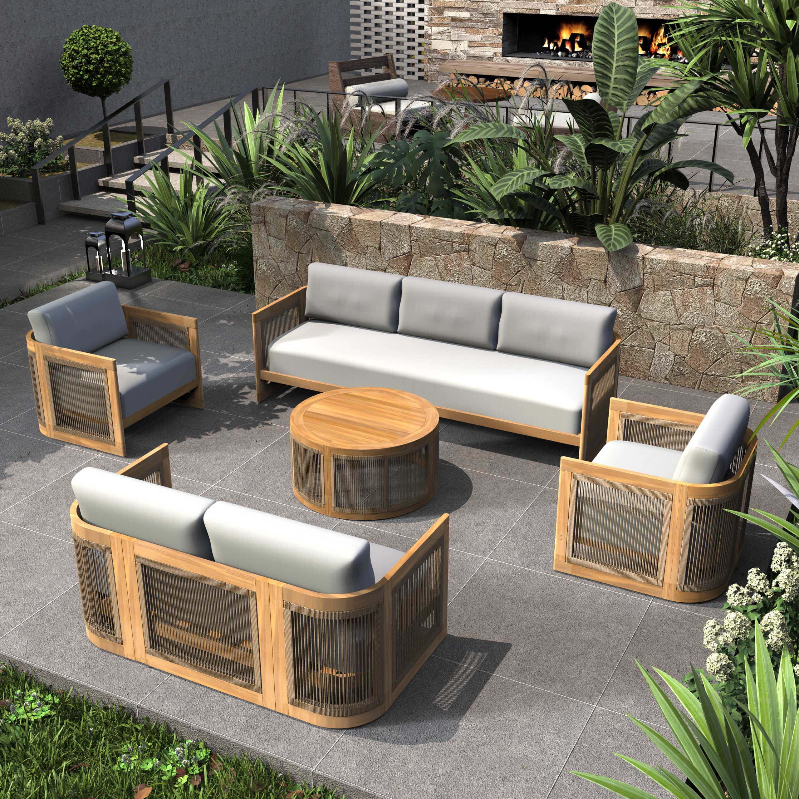 Solid Acacia 7-Seat Sofa Set with Round Coffee Table (PAS-2515-3SS+2SS+SSx2+RTA)