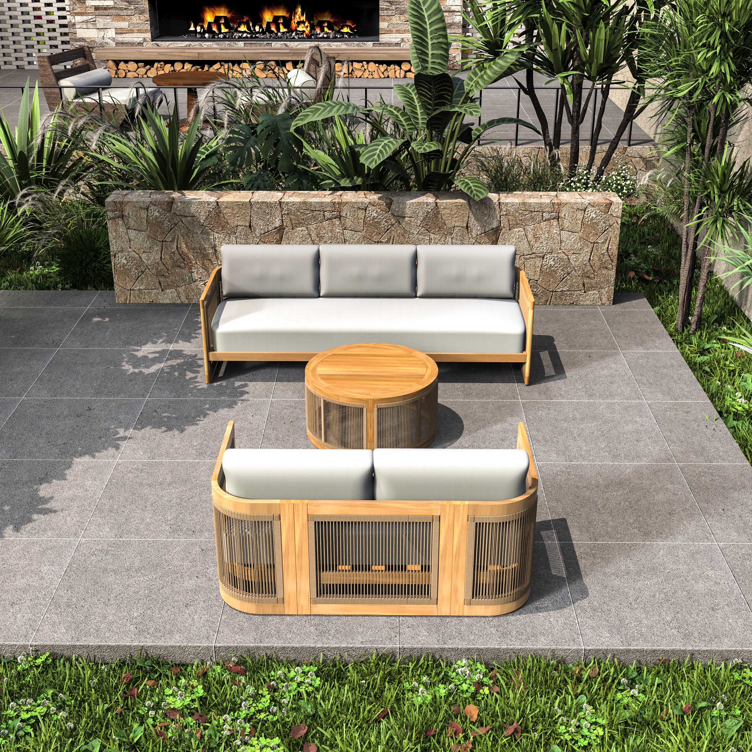 Solid Acacia 5-Seat Sofa Set with Round Coffee Table (PAS-2515-3SS+2SS+RTA)