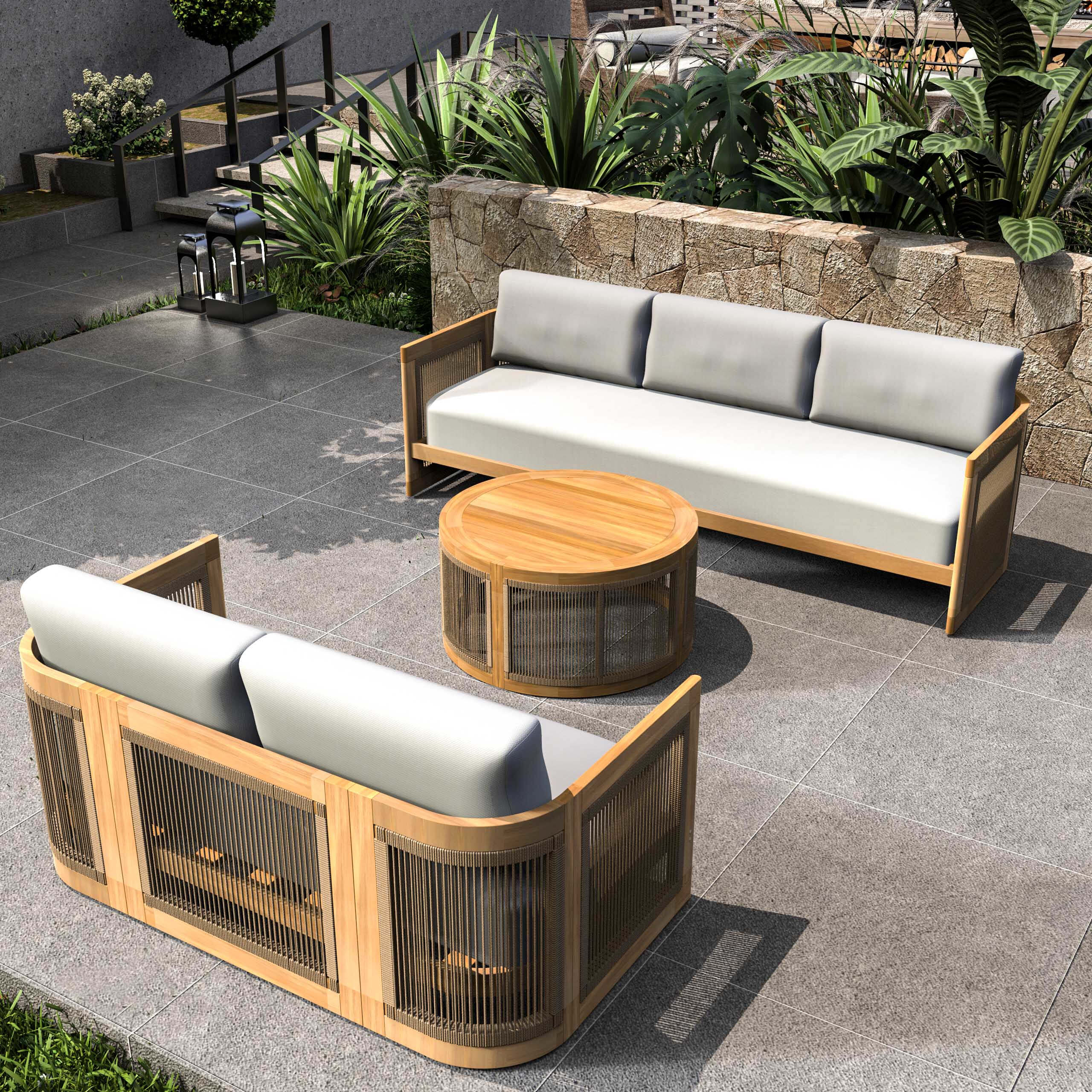 Solid Acacia 5-Seat Sofa Set with Round Coffee Table (PAS-2515-3SS+2SS+RTA)