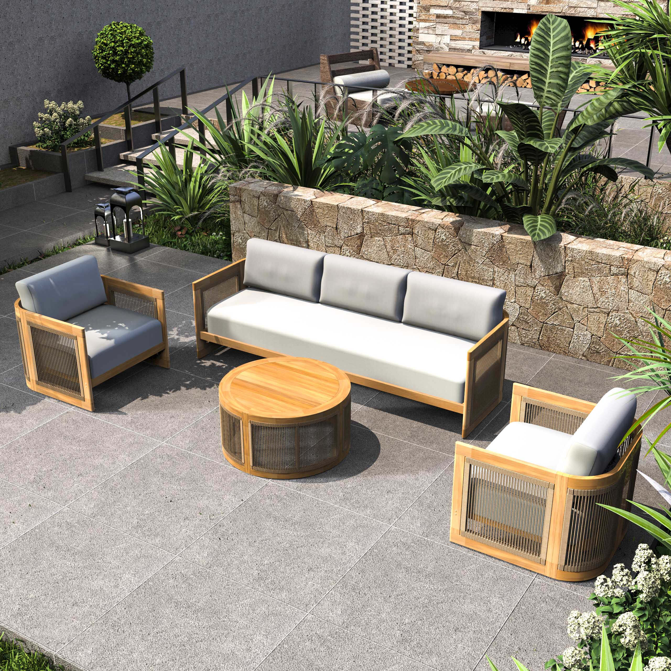 Solid Acacia 5-Seat Sofa Set with Round Coffee Table (PAS-2515-3SS+SSx2+RTA)