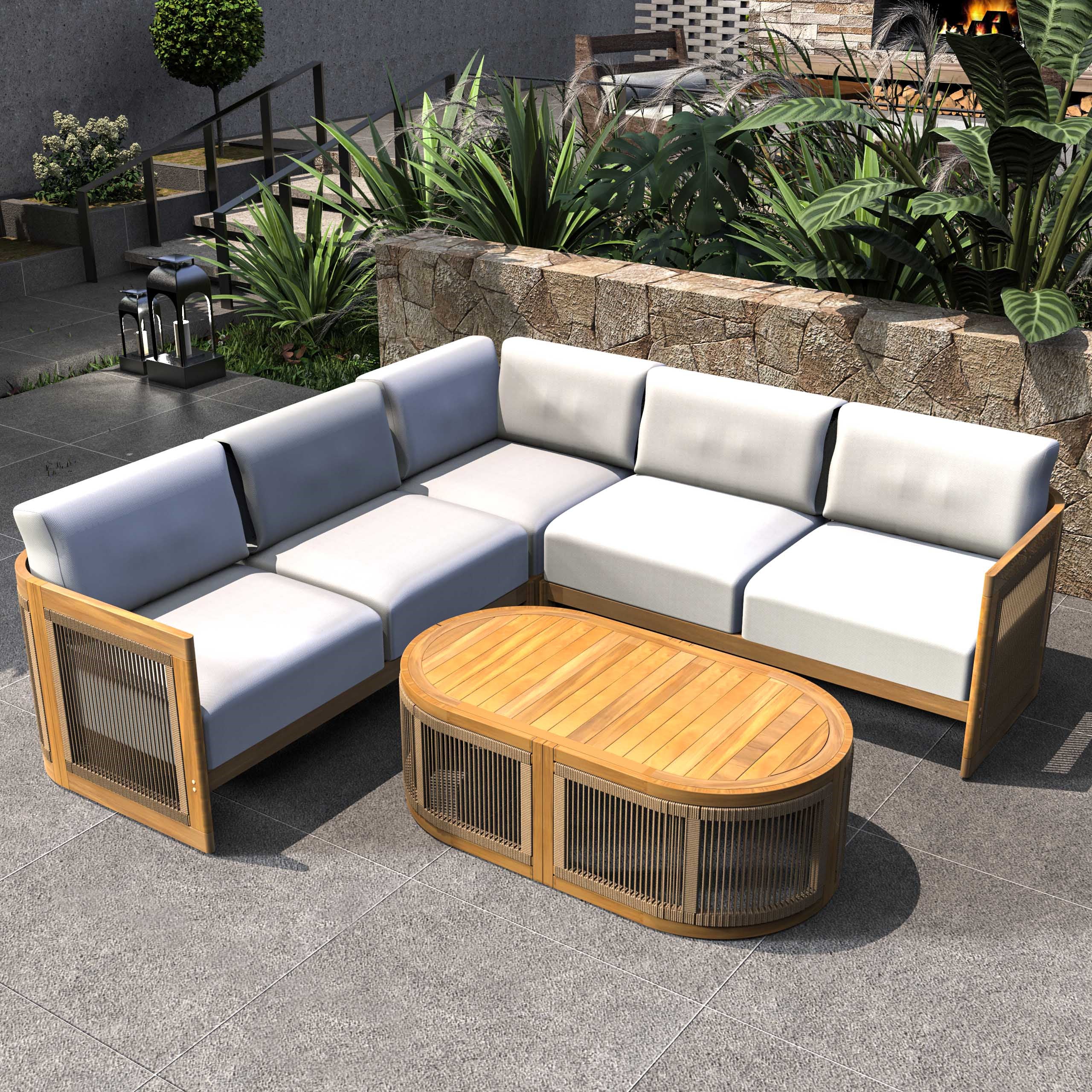 Solid Acacia 3-Seat Modular Sofa Set with Oval Coffee Table (PAS-2516-LS+CS+RS+OTA)