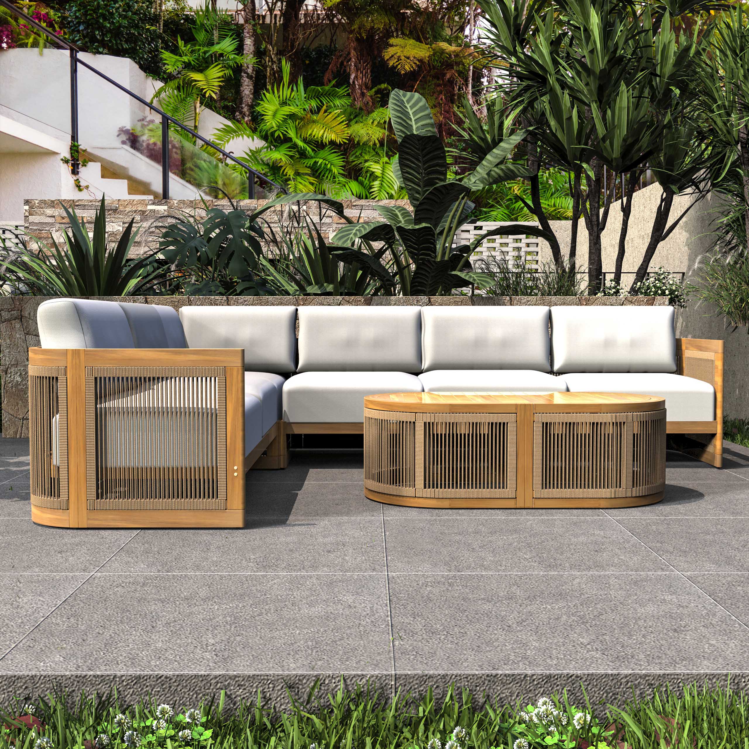 Solid Acacia Modular Sofa Set with Cushions – 5-Piece Lounge Configuration (PAS-2516-LS+CS+MS+RS+OTA)