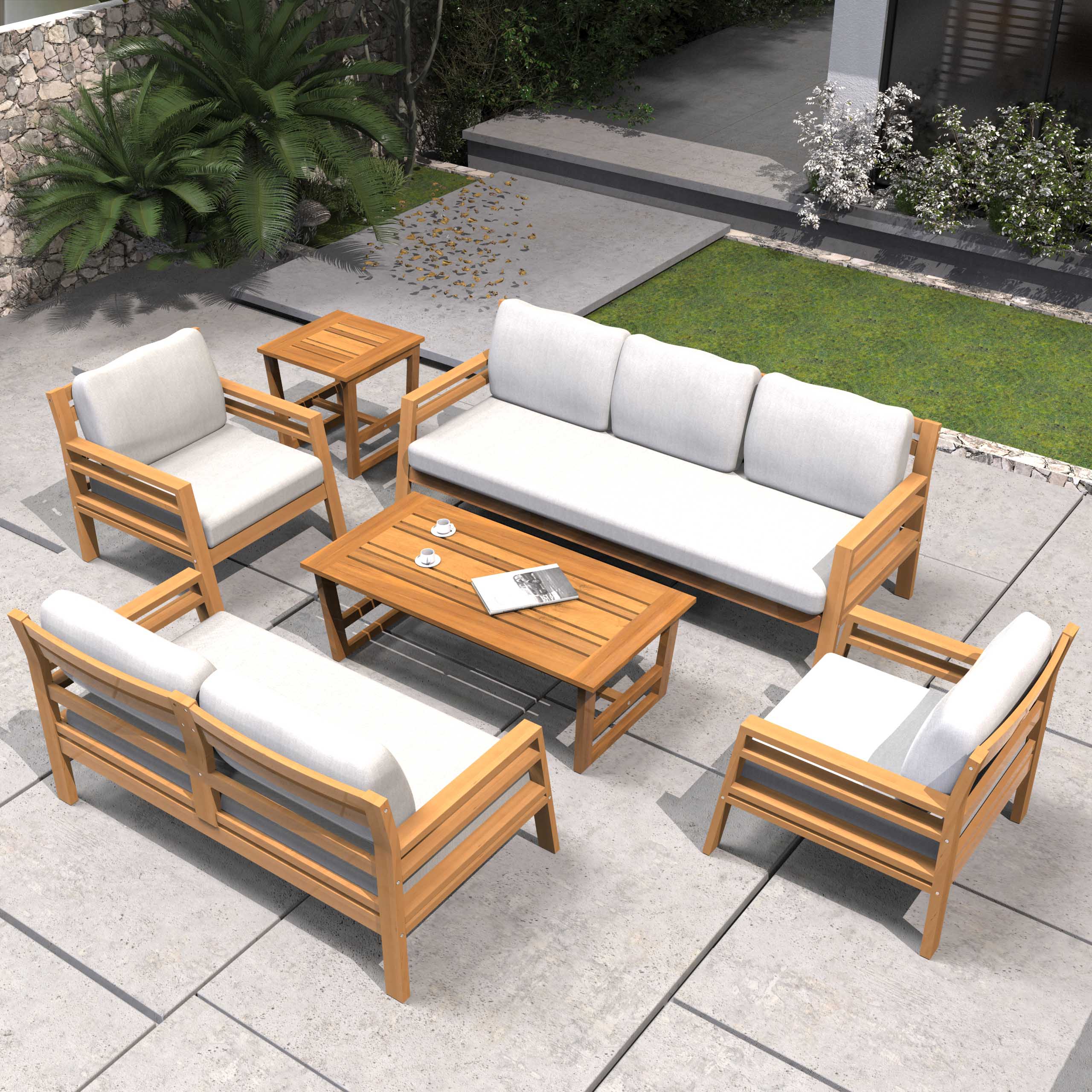 Rebel 7-Seat Wood Patio Conversation Set with Footstool ( PAS-2520-3SC+2SC+SC*2+TA+ST)