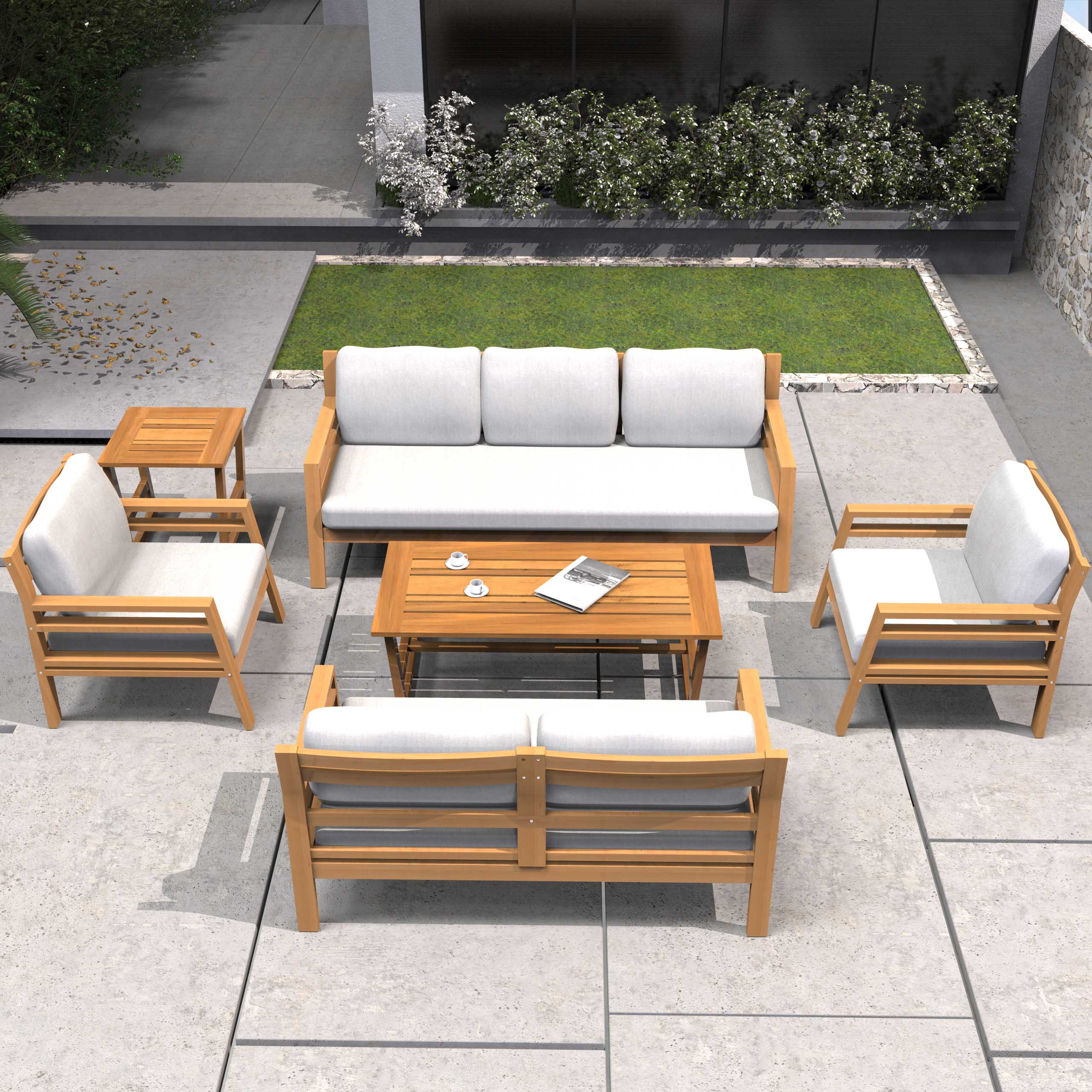 Rebel 7-Seat Wood Patio Conversation Set with Footstool ( PAS-2520-3SC+2SC+SC*2+TA+ST)