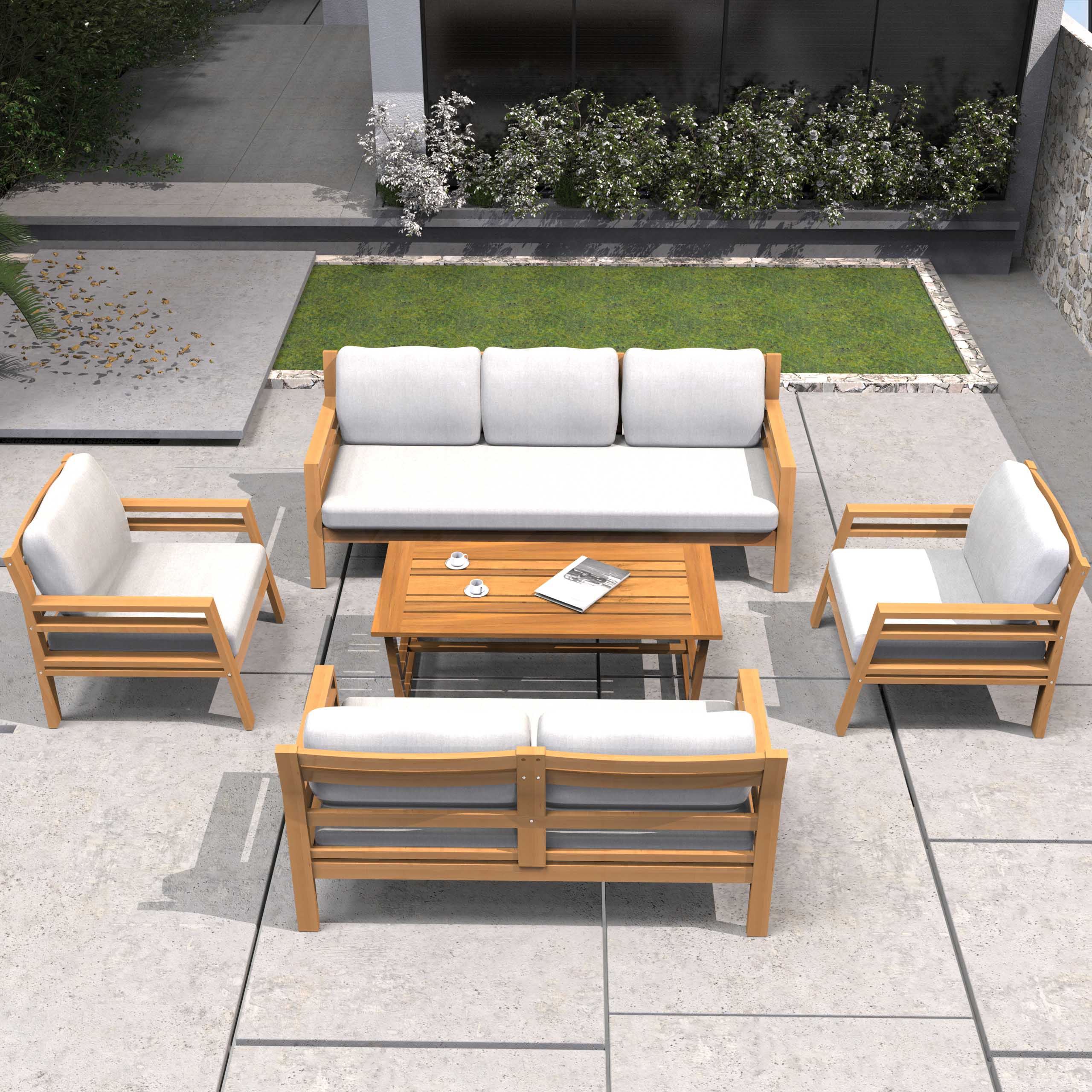 Rebel 7-Seat Wood Patio Conversation Set (PAS-2520-3SC+2SC+SC*2+TA)