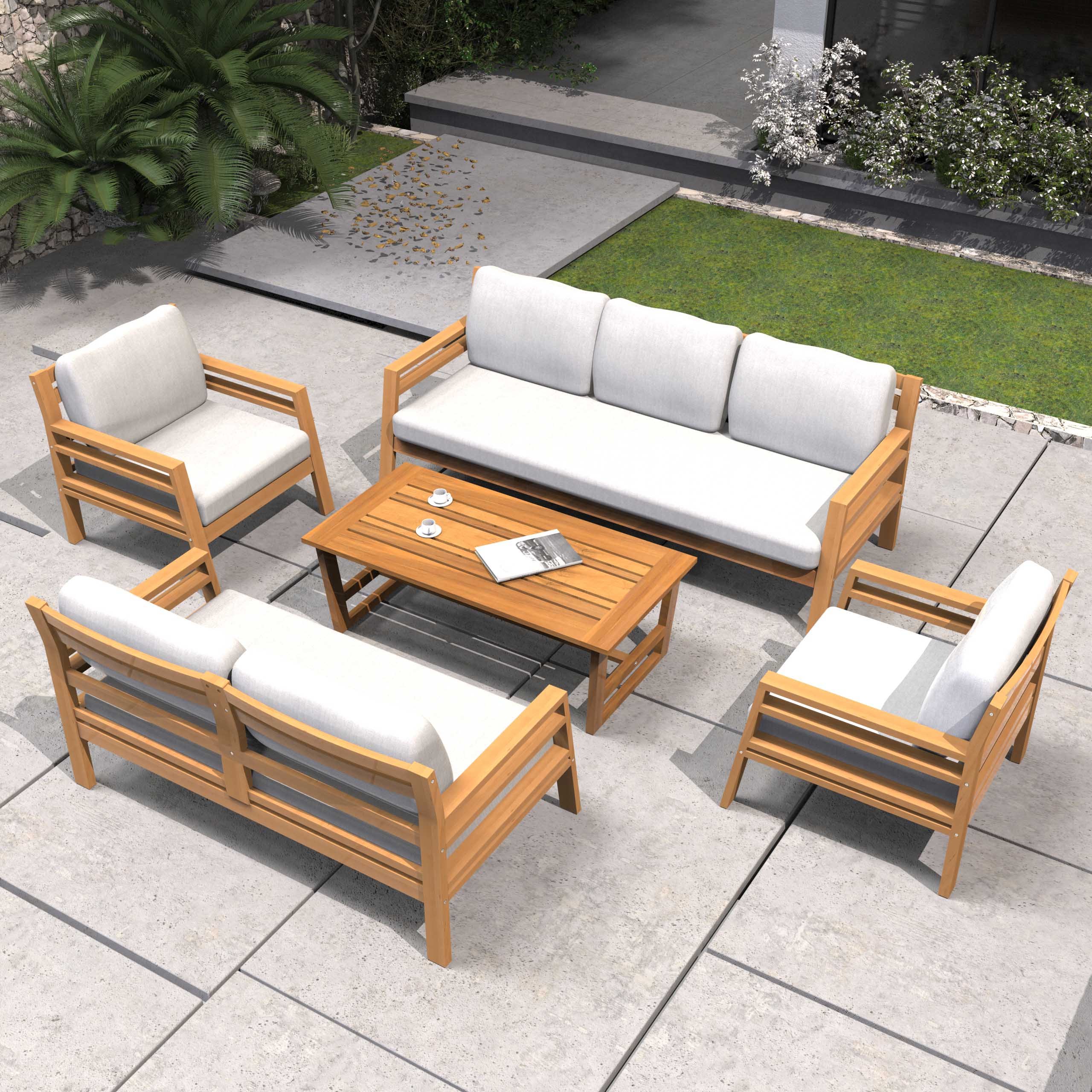 Rebel 7-Seat Wood Patio Conversation Set (PAS-2520-3SC+2SC+SC*2+TA)