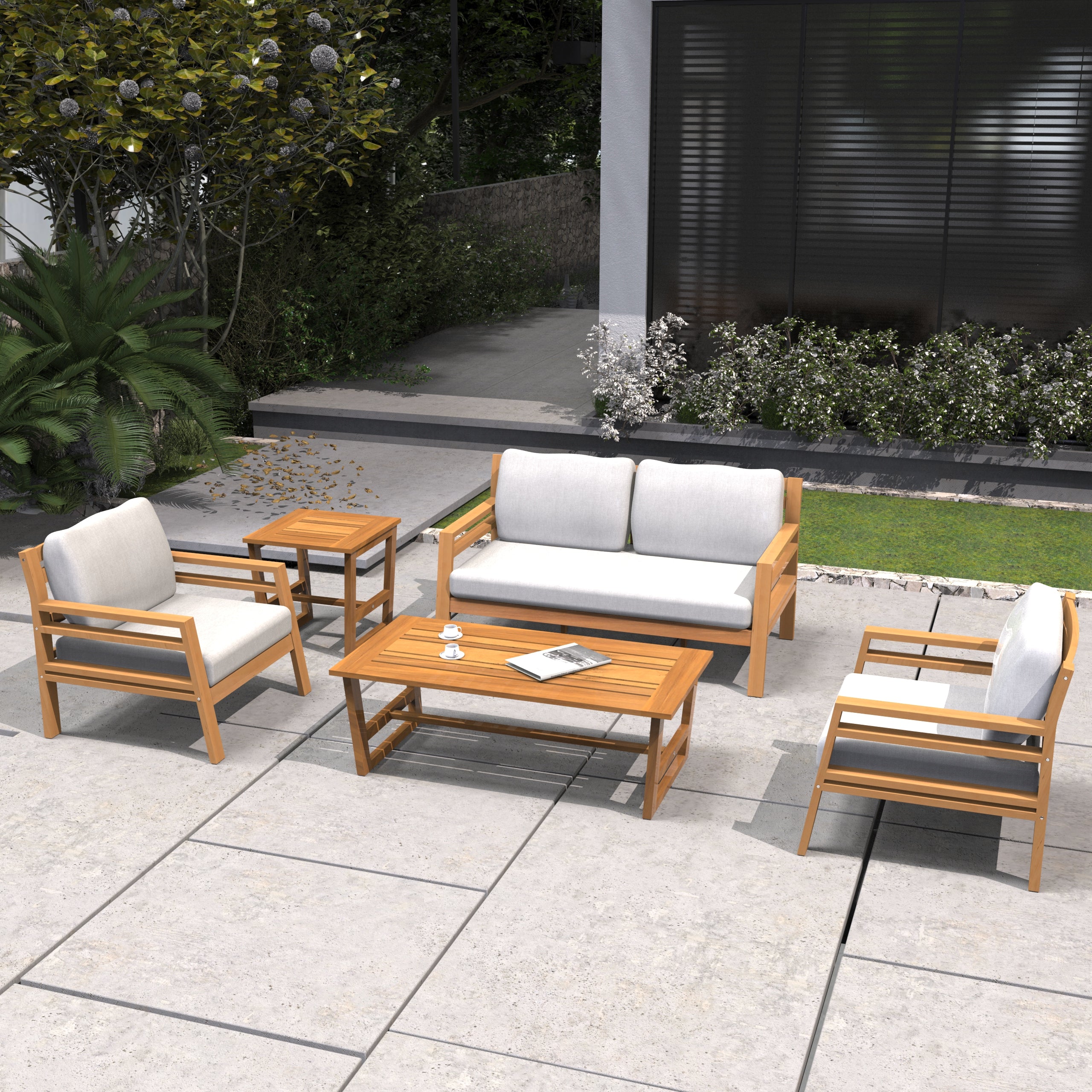 Rebel 4-Seat Wood Patio Conversation Set with Footstool(PAS-2520-2SC+SC*2+TA+ST)