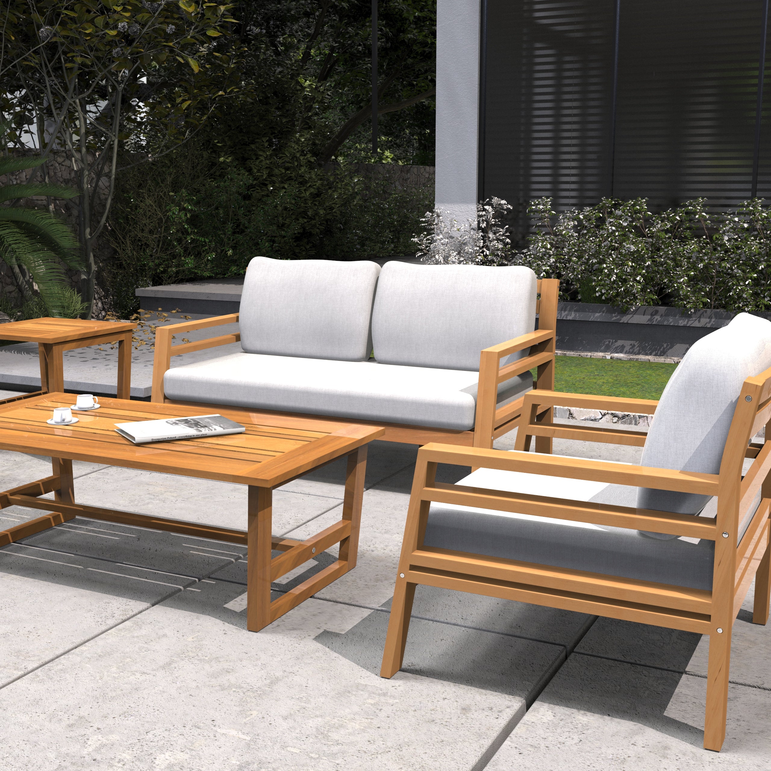 Rebel 4-Seat Wood Patio Conversation Set with Footstool(PAS-2520-2SC+SC*2+TA+ST)
