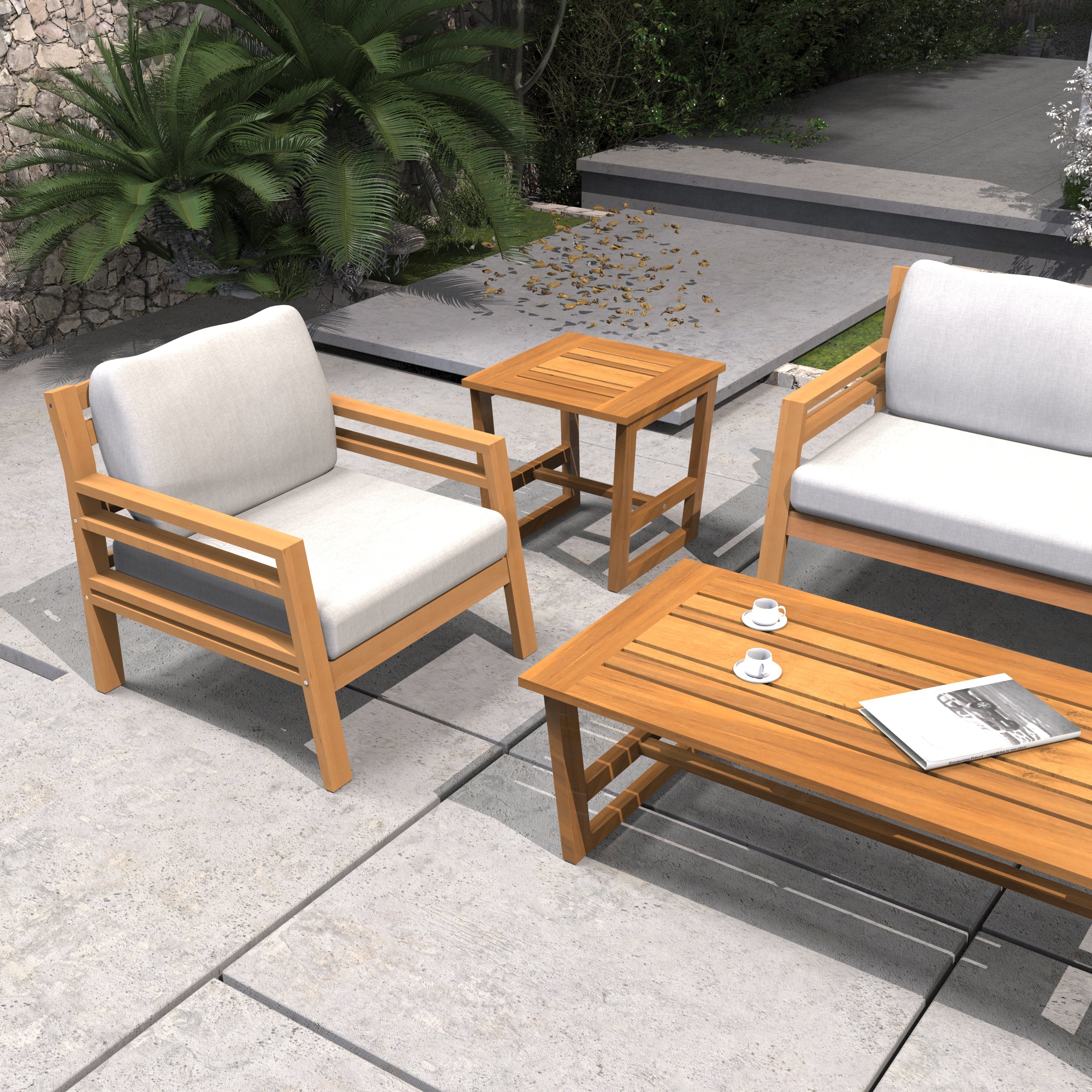 Rebel 5-Seat Wood Patio Conversation Set with Footstool (PAS-2520-3SC+SC*2+TA+ST)