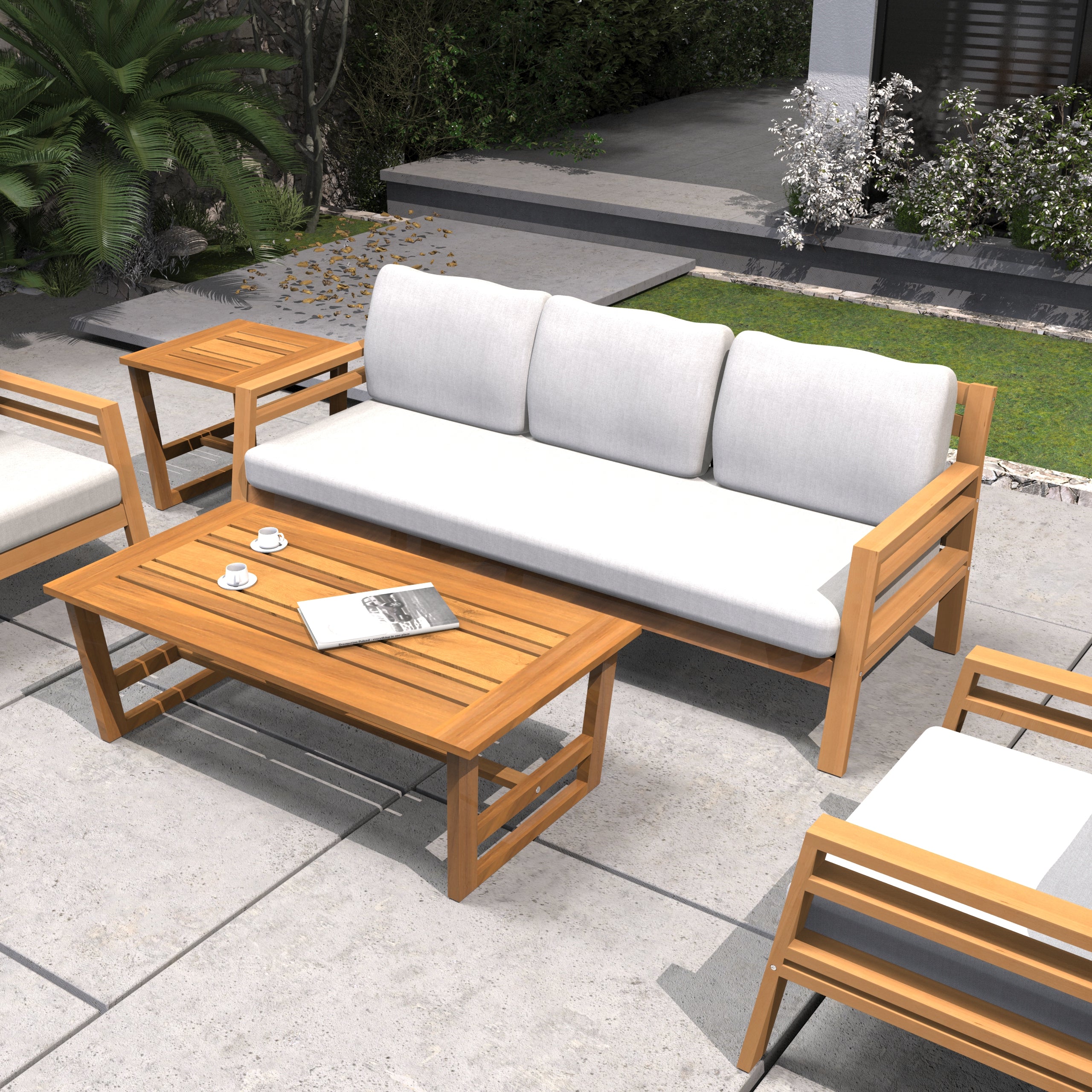 Rebel 5-Seat Wood Patio Conversation Set with Footstool (PAS-2520-3SC+SC*2+TA+ST)